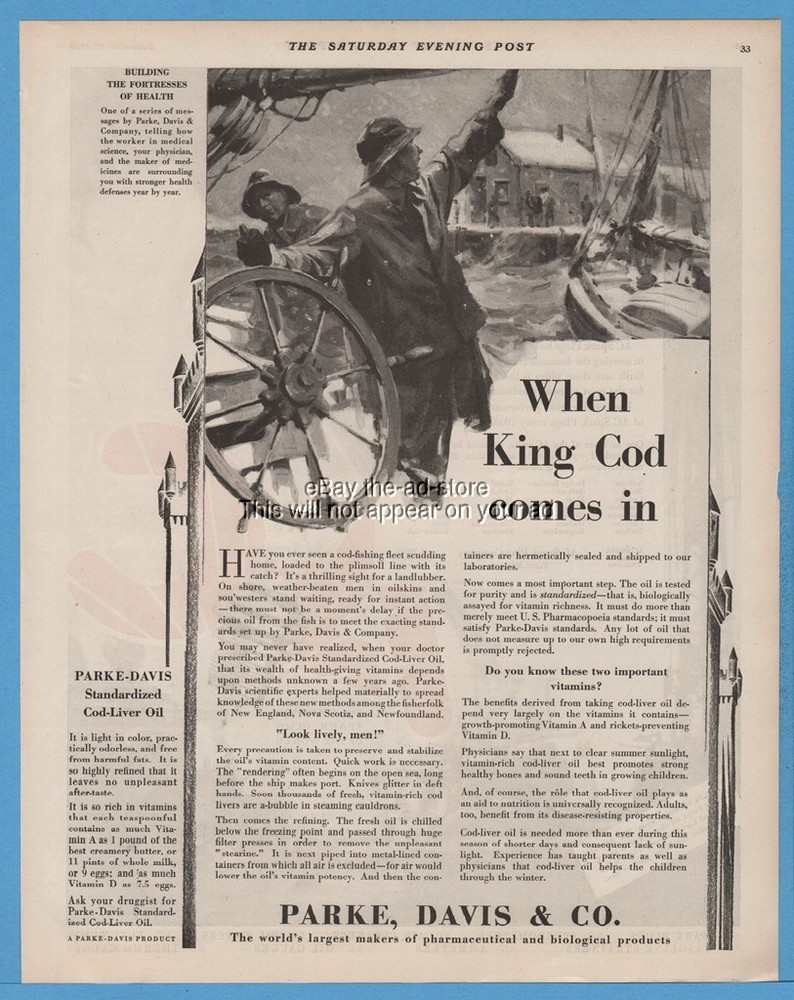 1928 Parke Davis Standardized Cod Liver Oil Medicine King Cod fisherman art Ad