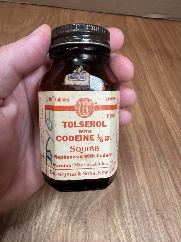 Vintage Pill Bottle Tolserol With Codeine Empty Bottle Narcotic Squibb 100