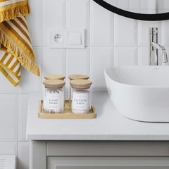 INIUNIK Qtip Holder with Vanity Tray – 4 Pack Glass Apothecary Jars with Lids…