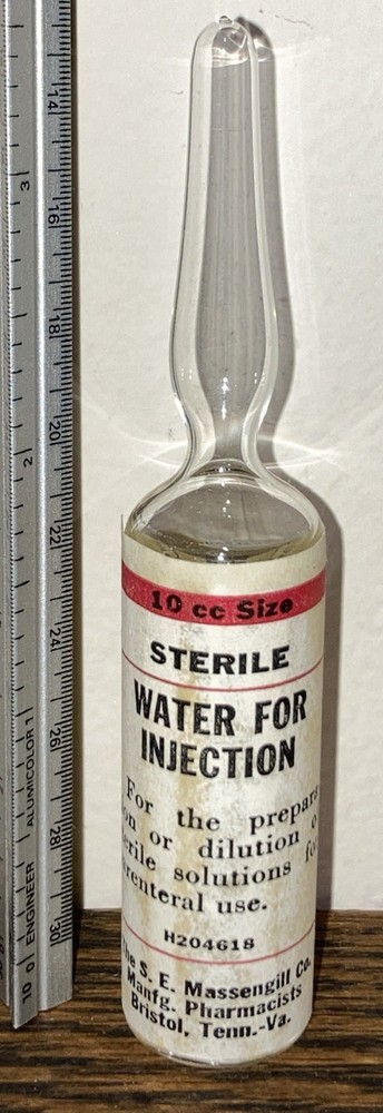 S.E. Massengill Antique 10cc “Sterile Water For Injection” Medicine Ampule Rare