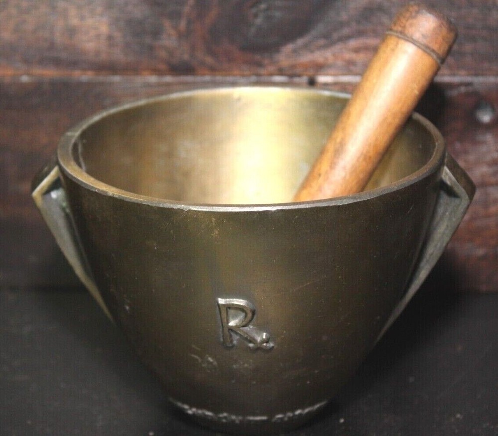 Vintage Brass Mortar Wood Pestle Secundum Artem Pharmacy Class 1969 Schering RX