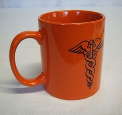 Vtg Medical Caduceus Symbol Orange Coffee 12 oz Mug 4″tall 3″ diameter EC