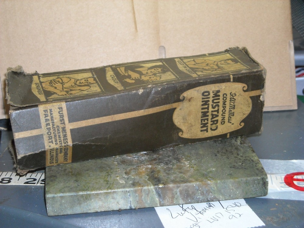 Vintage compound mustard ointment torn box and used up tube FW McNess prop