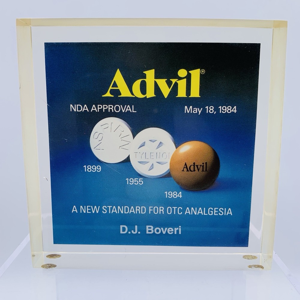 Vintage Advil commemorative acrylic desk plaque Paperweight 1984 Pharmaceutical