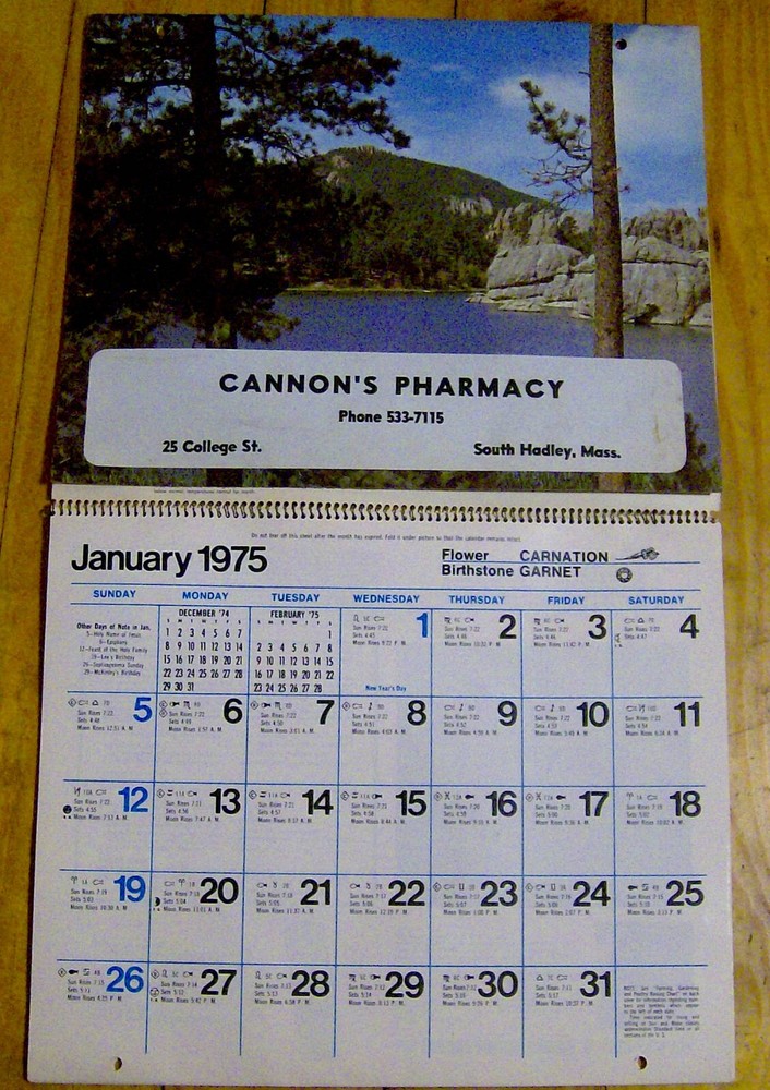vintage CANNON’S PHARMACY 1970s ad calendar South Hadley Massachusetts medical