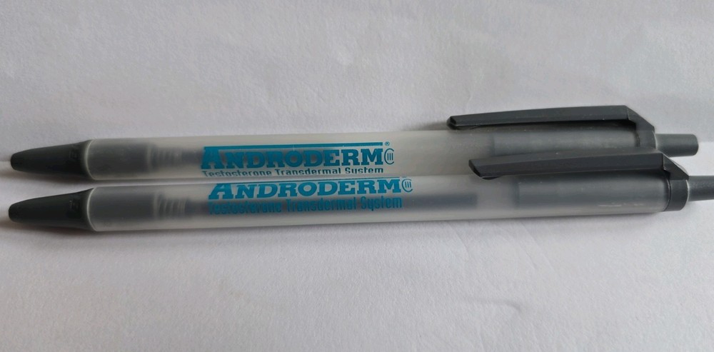 Androderm Plastic Pens x2 Pharmaceutical Drug Rep Promos Vintage Medical WRITES!
