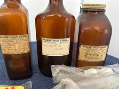 3 Vintage Brown glass bottles from Arcade Pharmacy Mattoon, IL Geo Bennett RPh