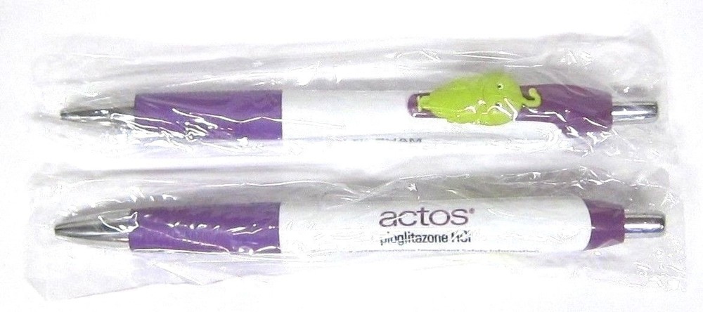 Drug Rep ACTOS Collectible Pens x 2 with „PANCREAS“ Character on Clip RARE