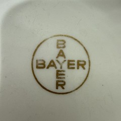 Vtg Bayer Haus Pharmacy Advertisement Promo Porcelain Dish Gold Cross Logo 1952