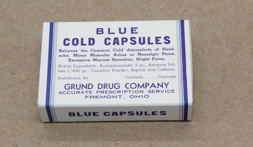 Vintage Blue Cold Capsule Empty Box Grund Drug Company Fremont Ohio Free Ship