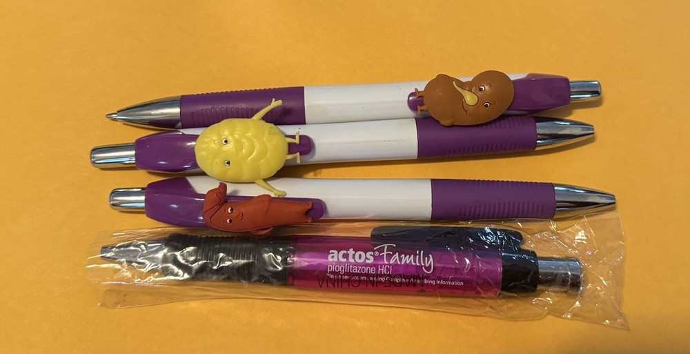 Actos – Lot of 4 Novelty Medical Ballpoint Pens, Purple/White Animal Toppers,