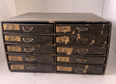 Antique Medicine Pharmacy Prescription File Box 10 drawers spring mechanism