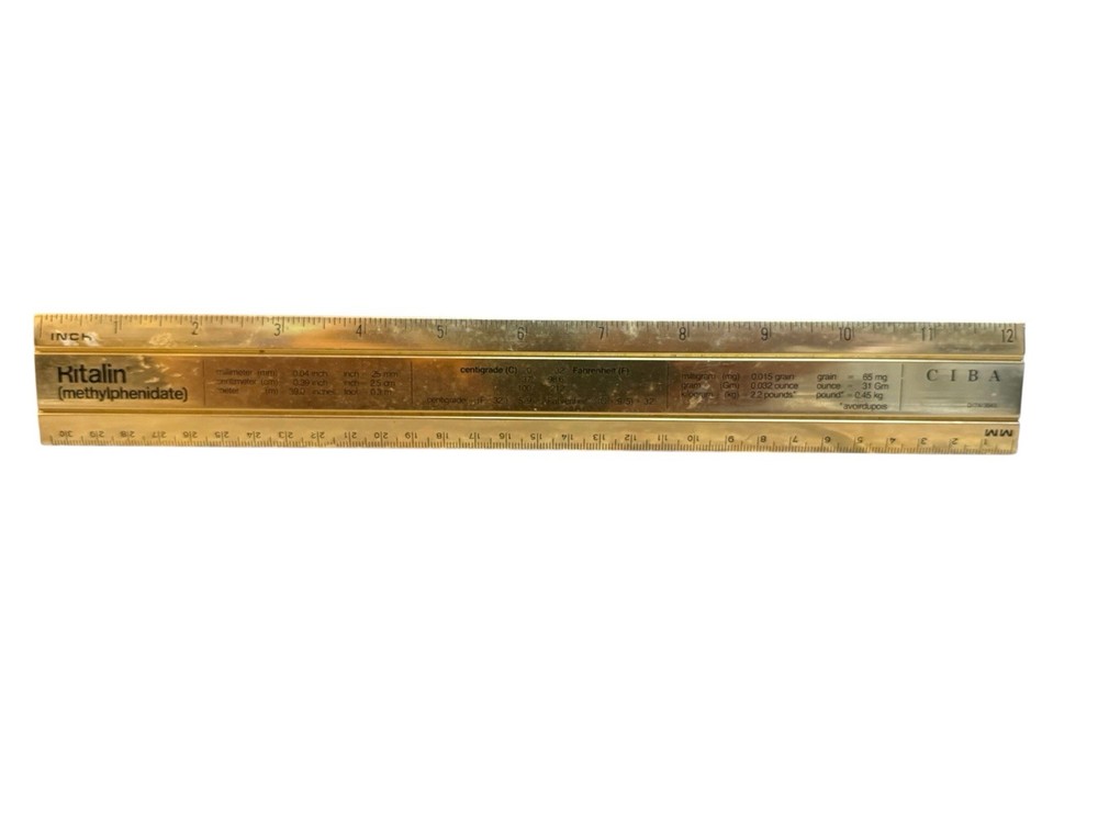 Vintage RITALIN CIBA 12″ Metal Ruler mm/Metric Conversions Pharmaceutical