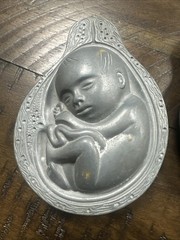 2 Parke-Davis TABRON 1950s Vintage Pharmaceutical Pewter Fetus Paperweight VGC