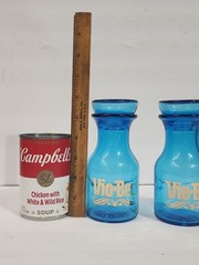 Vtg Set 2 Blue Glass Apothecary Jar Bottle Bubble Lid Belgium Gold Vio-Bec *Q