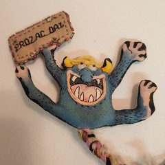 Vintage Hand Made “ Prozac Day “ Cloth Stuffed Goblin Monster Googley Eyes Pin
