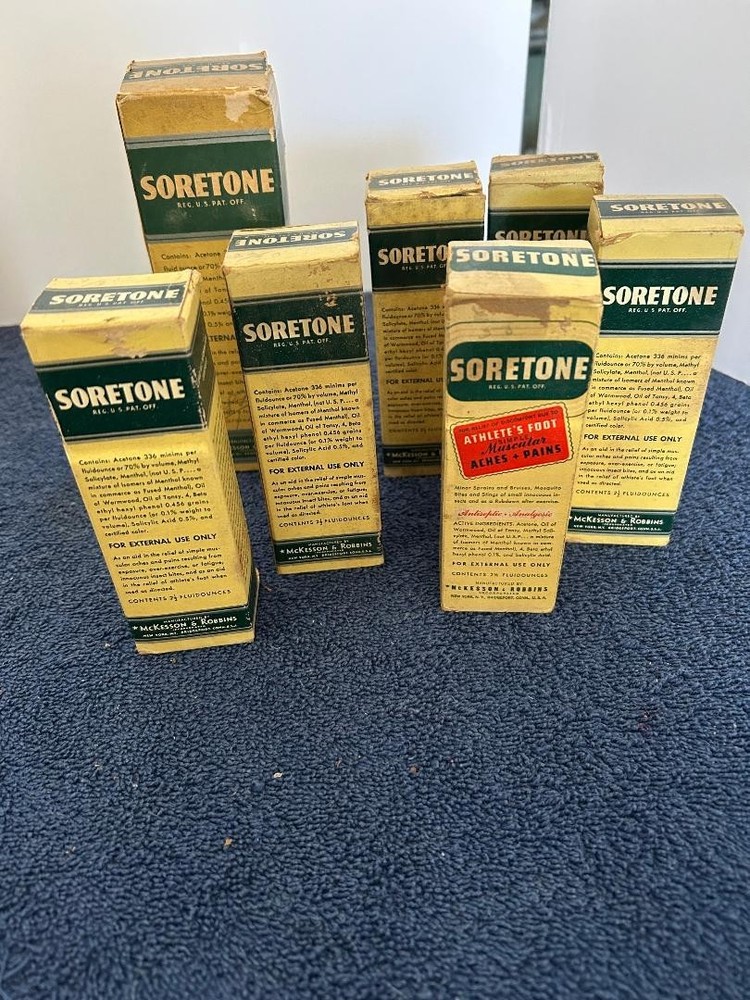 7 Vintage Soretone muscle rub and liniment Bottles in original boxes from 1940’s