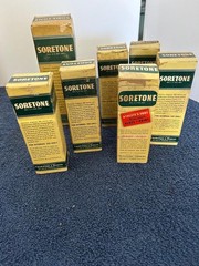 7 Vintage Soretone muscle rub and liniment Bottles in original boxes from 1940’s
