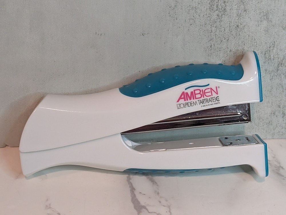 AMBIEN Stapler Turquoise Teal Blue Drug Rep Pharma Promotional Pharmaceutical