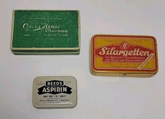 3 Vintage Pill Boxes – 1936 Prescription Box, WWII Silargetten, Reed’s Aspirin