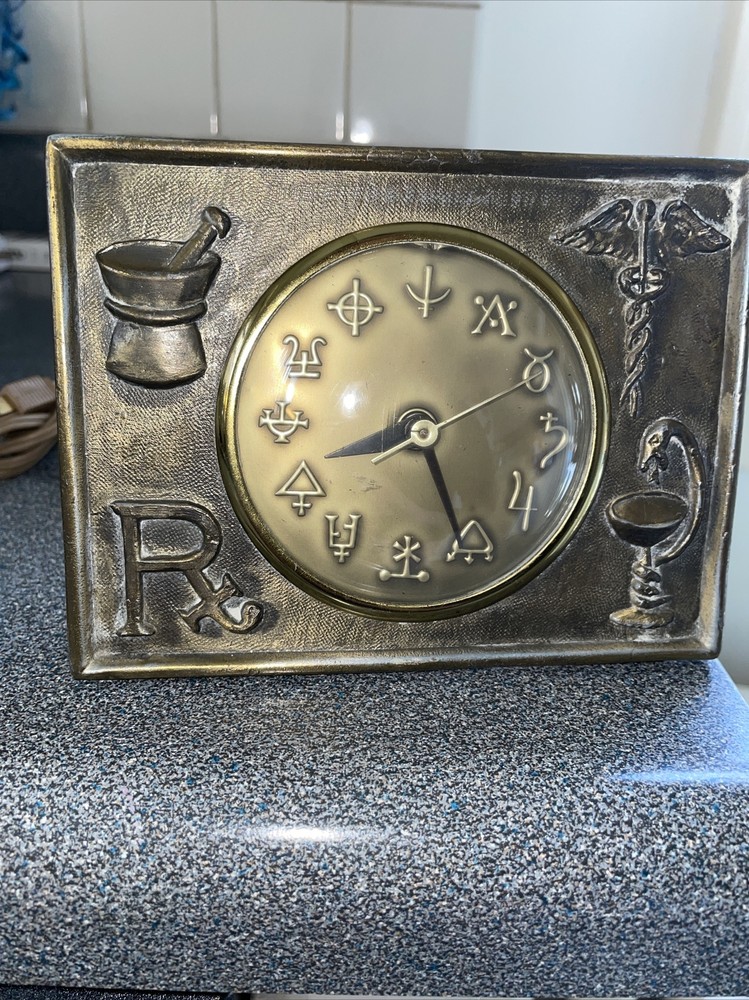 Vintage APOTHECARY RX Alchemy Symbols Metal Electric CLOCK WORKS! Rare GERMANY
