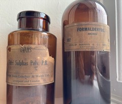 Three Antique Amber Glass Apothecary Medicine Bottles + Labels, Stopper & Cork