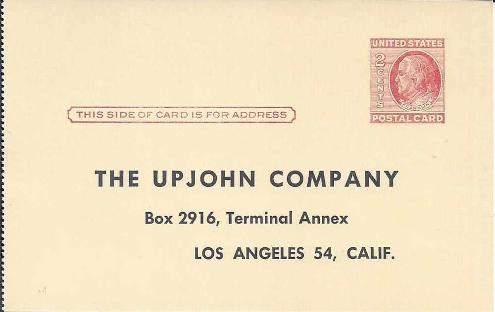 1950s The Upjohn Company Drug Order Vintage Unused Postcard 2 Cent Franklin