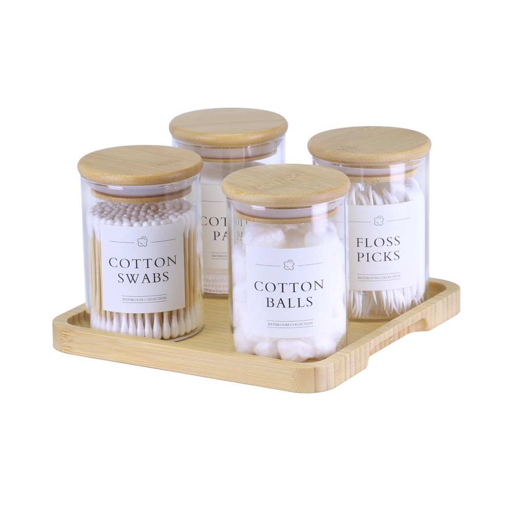 INIUNIK Qtip Holder with Vanity Tray – 4 Pack Glass Apothecary Jars with Lids…