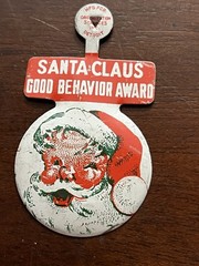 Santa Claus Good Behavior Award, fold tab Button, smiling Santa 2.25 in