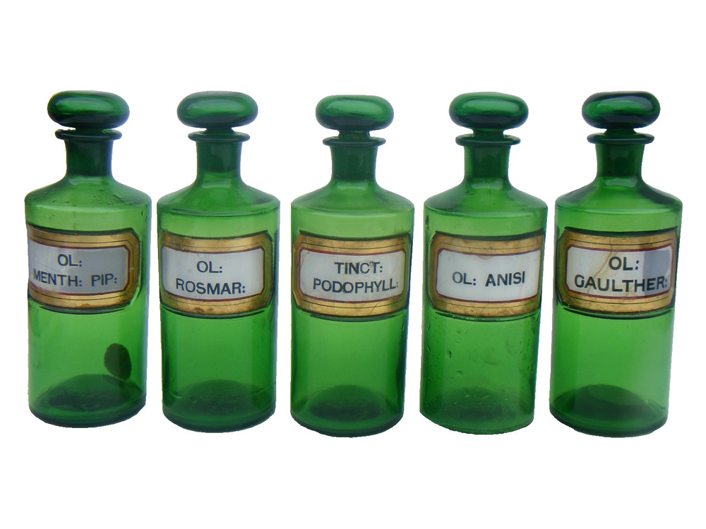 Antique Apothecary Bottles Green Pharmacy 5PC