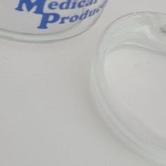 American Medical Products Promo Clear Glass Jar Blue Writing 6″ VTG Retro