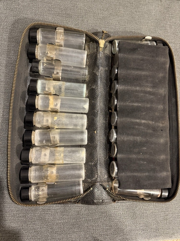 Vintage Doctor’s Medicine Kit Leather Travel Case 20 Vials Antique!