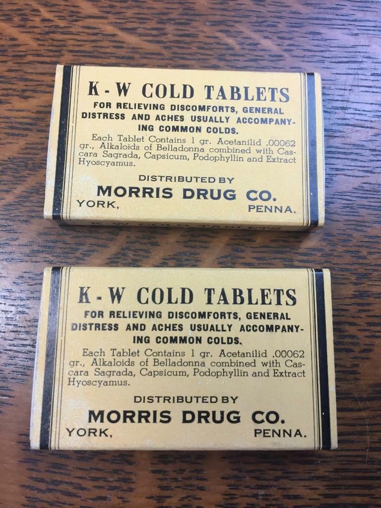 Lot of 2 Vintage K.W. Cold Tablets Morris Drug Co. Pill Cardboard Box Empty KW