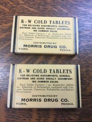 Lot of 2 Vintage K.W. Cold Tablets Morris Drug Co. Pill Cardboard Box Empty KW
