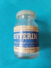 Vintage Bufferin Glass Bottle Empty Container~36 Tablets~Paper Label~Pain Relief