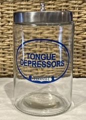 Grafco Medical Apothecary Glass Jar Stainless Lid Blue Letters Tongue Depressors