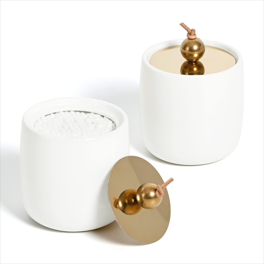 2 Pack Ceramic Qtip Holder Dispenser with Gold Lids, White Apothecary Jars Ba…