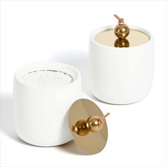 2 Pack Ceramic Qtip Holder Dispenser with Gold Lids, White Apothecary Jars Ba…