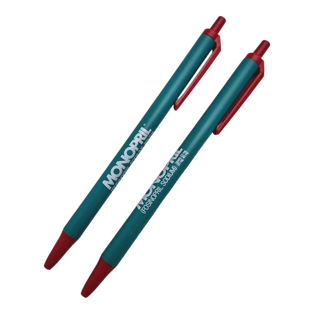 Lot of 2 Monopril Medical Drug Rep Pharmaceutical Pens Working Teal Red Bic