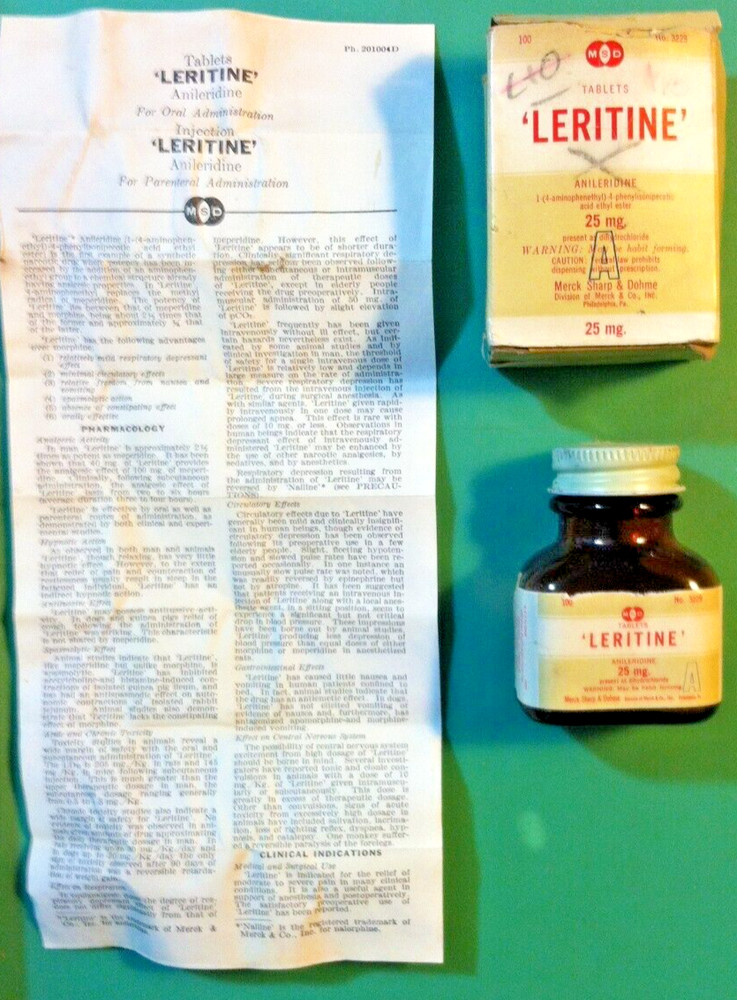 1960 🔥LERITINE🔥 Anileridine EMPTY Opiate Medicine Pharmacy Drugs Glass Bottle