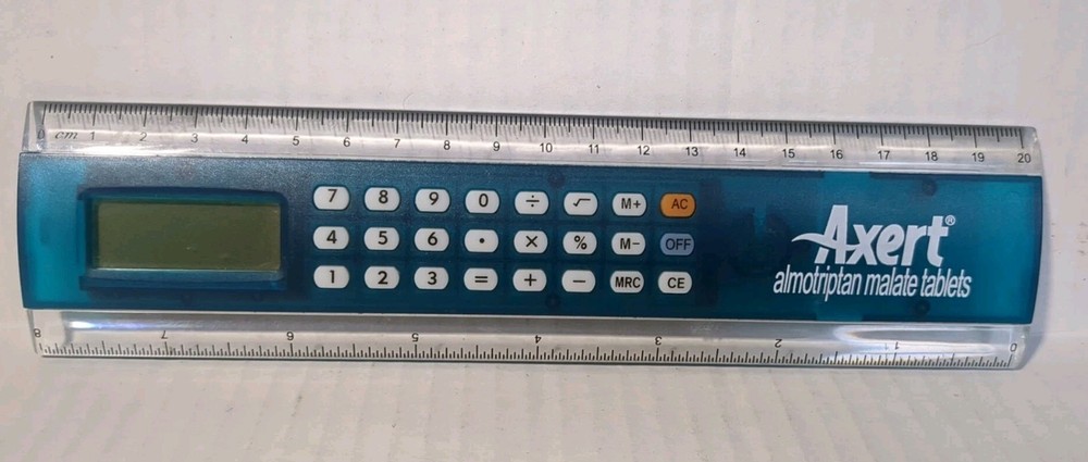 Axert Drug Rep 8″ Ruler Calculator Blue Clear Almotriptan Malate Pharmaceutical