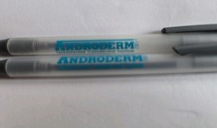 Androderm Plastic Pens x2 Pharmaceutical Drug Rep Promos Vintage Medical WRITES!