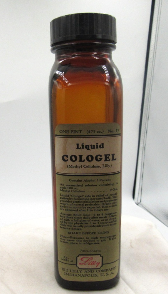 MM – 1930’s Eli Lilly Liq. Cologel Indianapolis Ind 7 7/8″ Amber Medicine bottle