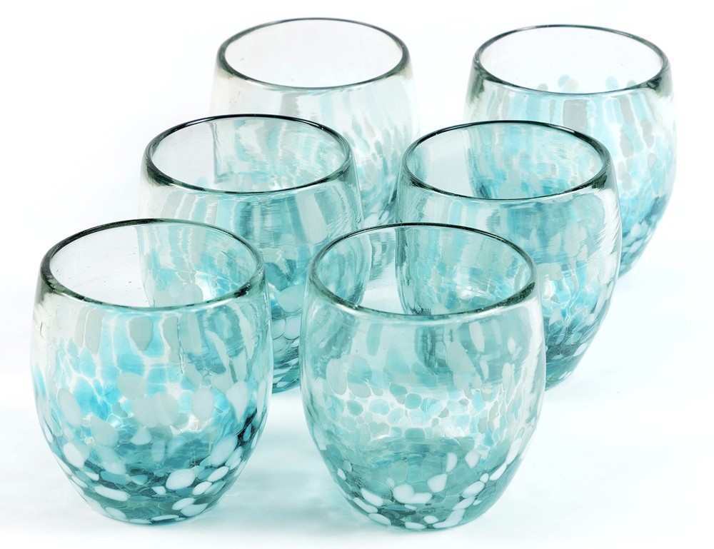 9 oz Hand Blown Mexican Drinking Glasses – Set of 6, 9 fl oz each, Ocean Blue…