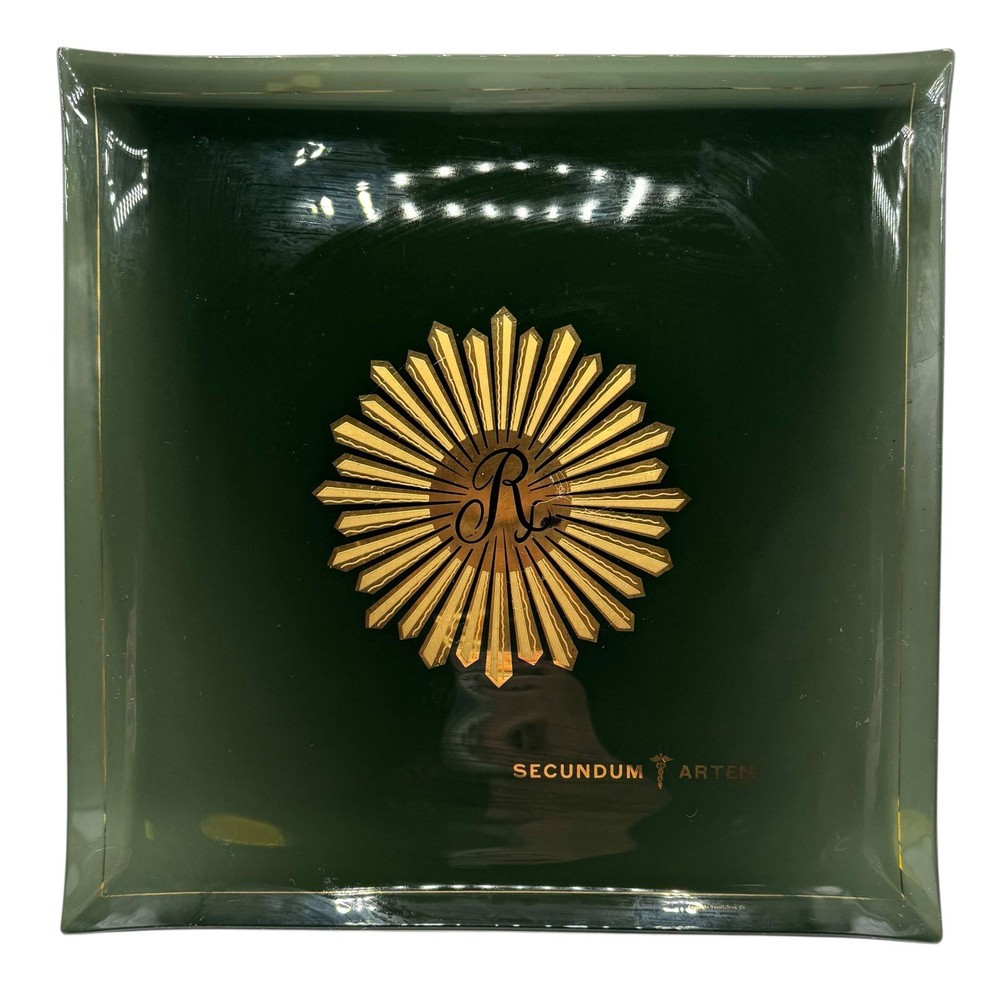 Vintage Rexall Drug Co Secundum Artem Glass Tray Dish Pharmacy Smoky Green 11.5”