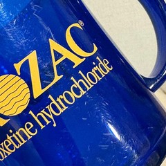 PROZAC 💊 Cobalt Blue Plastic Coffee Mug Cup Lilly 💊 Pharma Drug Advertising