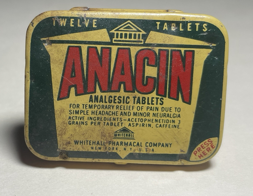 Anacin Vintage Analgesic Tablets Metal Tin, 12 Tablets w/ Directions