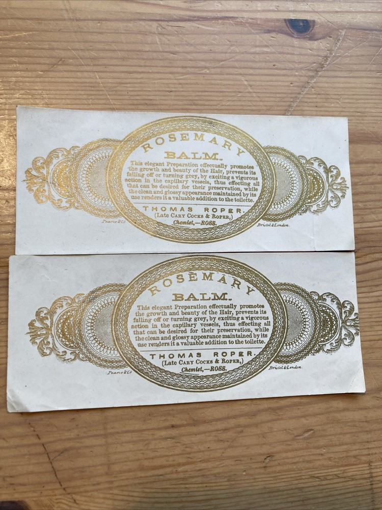 Early 20th c Chemist Paper Labels Rosemary Balm – Thomas Roper of Ross Unused x2