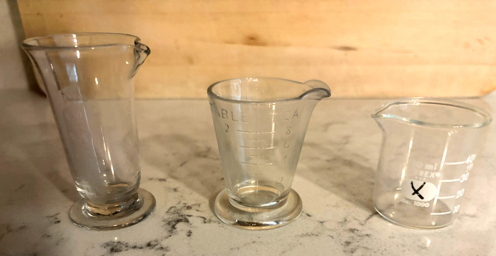 Vintage Set of 3 Small Glass Apothecary Measuring Footed Beakers (2) & 1 Plain