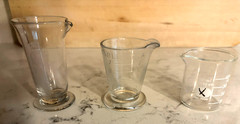 Vintage Set of 3 Small Glass Apothecary Measuring Footed Beakers (2) & 1 Plain